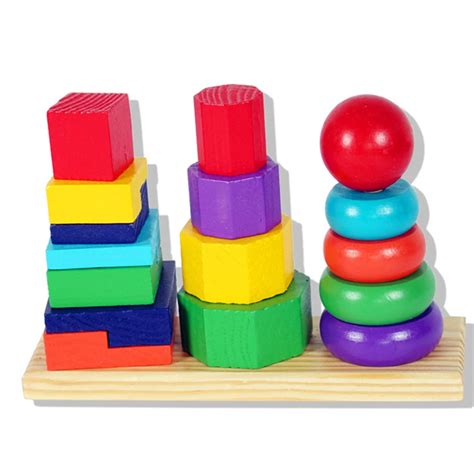 Wooden Toys Educational Color Shape Three Column Tower Stacked Tower ...