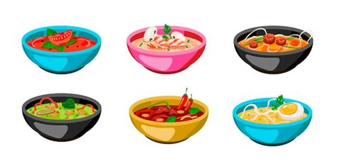 Free Vector | Set of colorful bowls of soup. Cartoon illustration