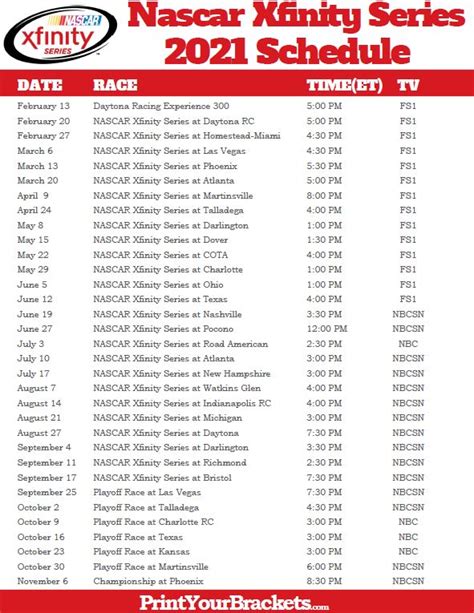 the nascar xfinity series schedule is shown in red and white, with dates for each