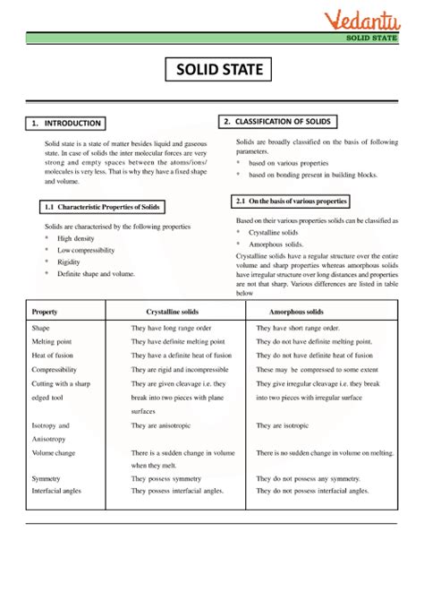 Class 12 Chemistry Revision Notes for Chapter 1 - The Solid State