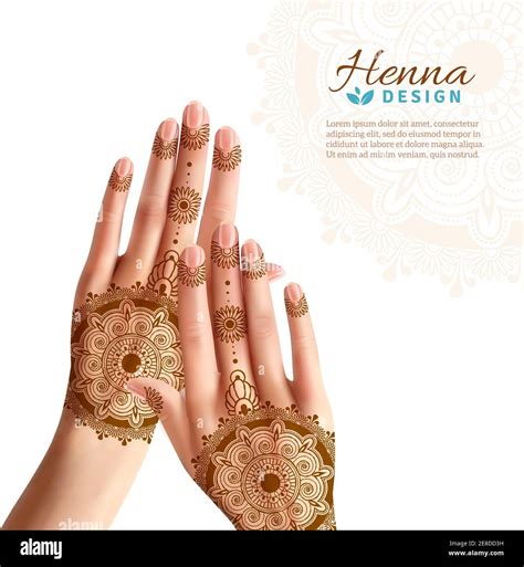 Women hands coloring with indian henna paste or mehndi design of tattoos realistic advertisement ...