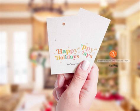 Retro Happy Holidays gift Tags, Editable Happy Holidays hang Tag - Ins – Cute Party Dash