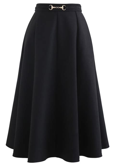 Horsebit Waist Seam Detail Flare Skirt in Black - Retro, Indie and ...