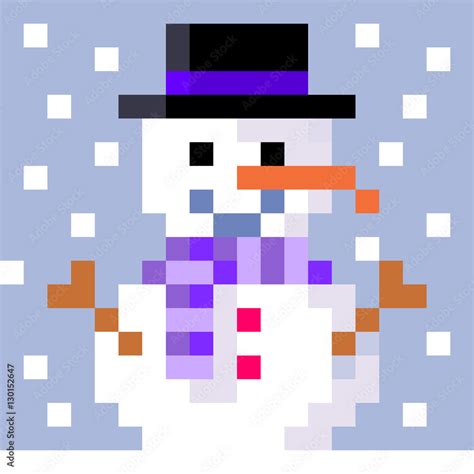 pixel art snow falling on smiling snowman with decorations Stock Vector ...