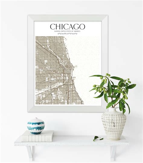 Walnut frame color map, Chicago map framed, City maps poster, Chicago ...