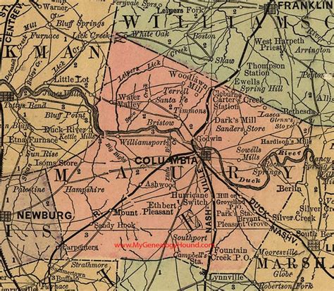 Maury County, Tennessee 1888 Map Columbia, Mount Pleasant, Terrell ...