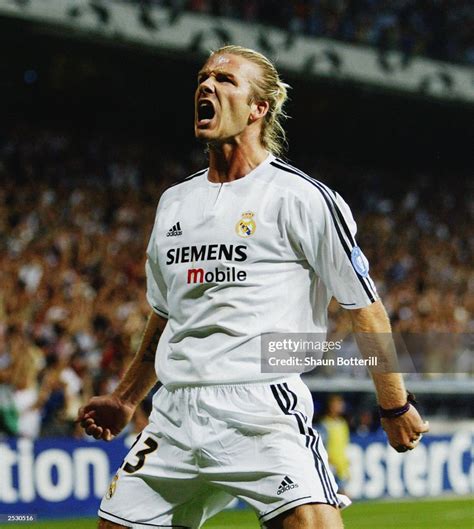 David Beckham of Real Madrid celebrates Real Madrid's opening goal ...