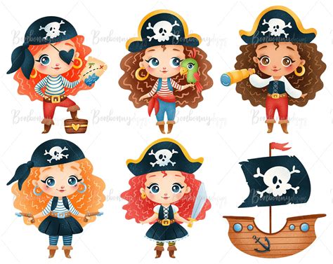Cute Cartoon Pirates Girls Clipart, Baby Pirate Girl Clipart, Nursery Clipart, Pirate Ship ...