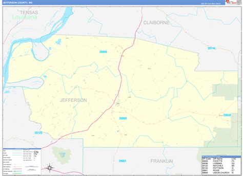 Jefferson County, MS Zip Code Wall Map Basic Style by MarketMAPS - MapSales