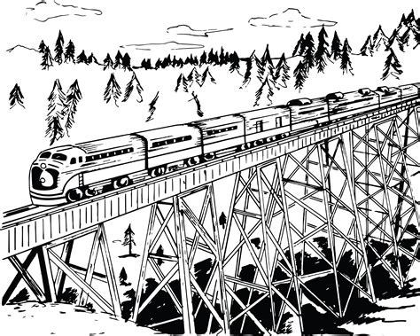 Free Clipart Of A Retro Black and White Train Crossing a Trestle