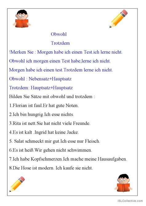 Obwohl/Trotzdem: English ESL worksheets pdf & doc