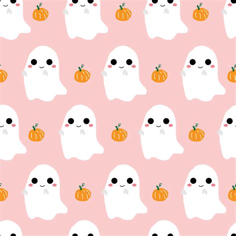 Cute white Halloween ghost with pumpkin, seamless pattern vector ...