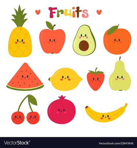 Cute hand drawn kawaii fruits. Healthy style collection. Flat style. Vegetarian food. Cartoon ...