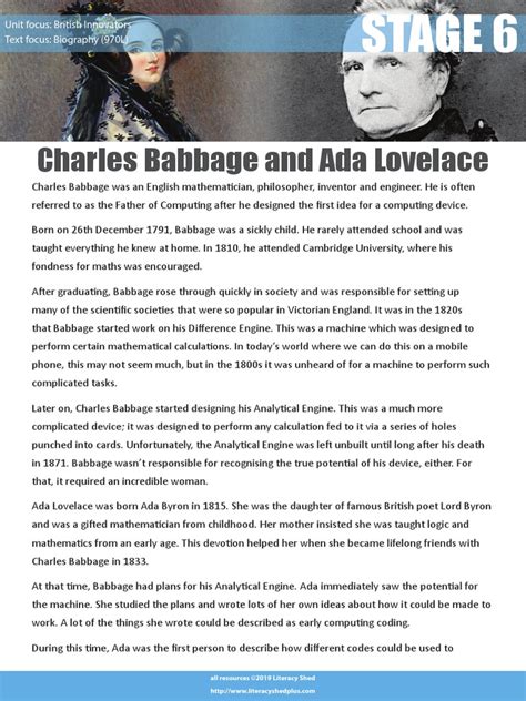 Charles Babbage and Ada Lovelace Stage 6 Comp - Reading Comprehension 1 ...