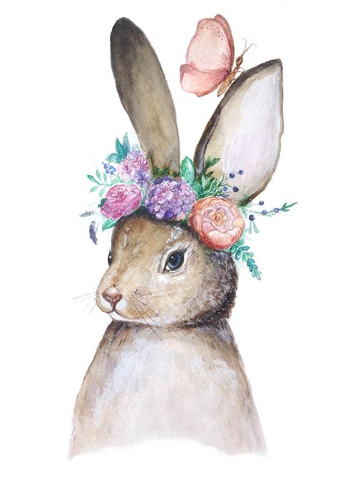 Bunny with flowers | Original watercolor painting | Woodland Nursery Art | Forest Animal | Baby ...