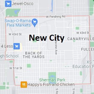 Map of New City, Chicago, IL. Streets, roads and houses in New City.