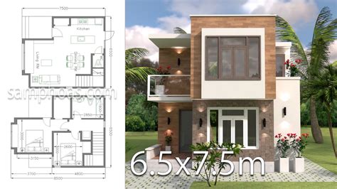 House Design with Full Plan 6.5x7.5m 2 Bedrooms - House Plan Map