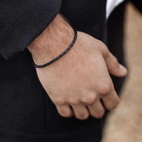 Braided Narrow Mens Black Leather Bracelet