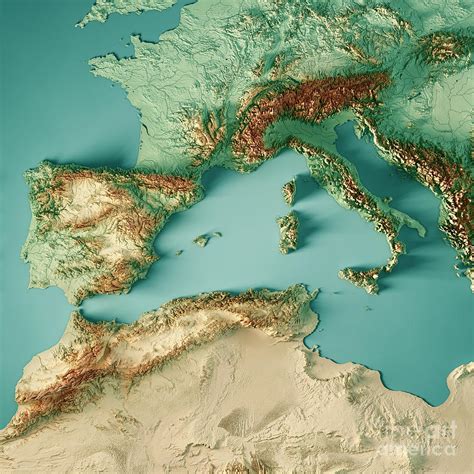 West Mediterranean Sea 3D Render Topographic Map Color Digital Art by Frank Ramspott - Pixels