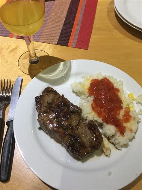 Dinner 10th day Sirloin steak and pap "South African maize meal porridge with tomato and onion ...