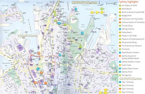 Sydney map - Four day trip highlights route planner itinerary list showing interesting sites ...