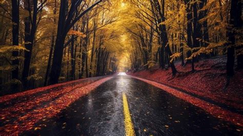 Premium AI Image | A road with yellow leaves and a red and yellow tree lined road.