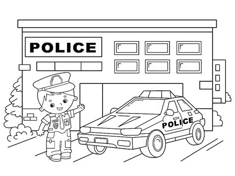 Police Car and Police Station Coloring Page - Free Printable Coloring Pages for Kids