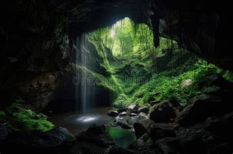 Mountain Cave with Waterfall, Surrounded by Lush Greenery Stock ...