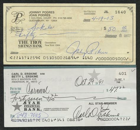 Lot of (2) Personal Checks Signed by Carl Erskine & Johnny Podres (Autograph Reference COA ...