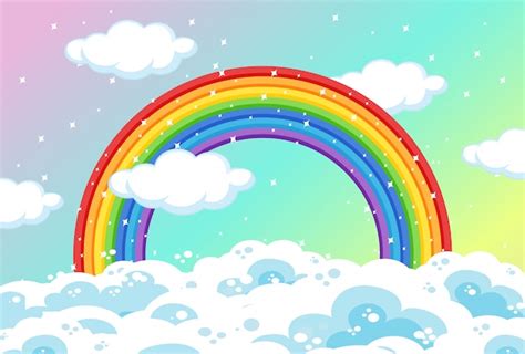 Free Vector | Rainbow with clouds and glitter on pastel sky background