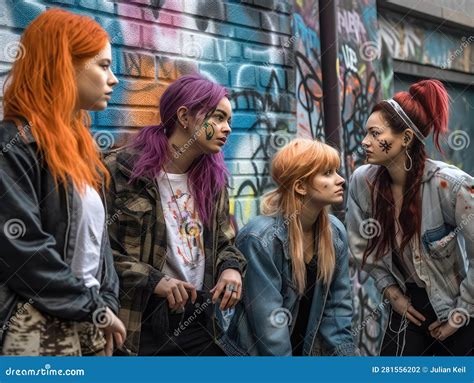 Gen Zers with Vibrant Hair Around Graffiti Wall Stock Illustration - Illustration of gathered ...