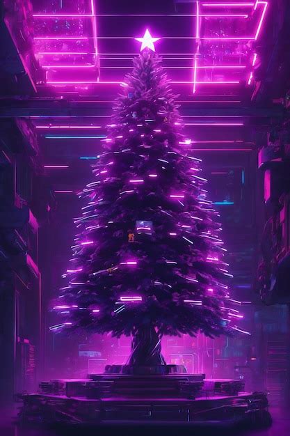 Premium AI Image | Glowing decorated neon christmas tree xmas wallpaper