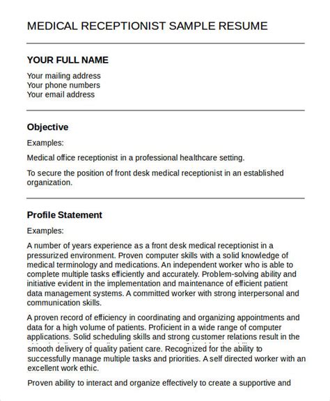 5+ Medical Receptionist Resume Templates - PDF, DOC | Free & Premium ...