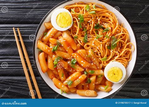 Korean Rabokki Is What Happens When You Mix Tteokbokki With Ramen Noodles Closeup In The Bowl ...