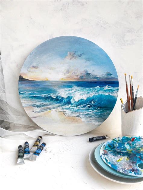 Seascape round canvas art, Original acrylic painting, One of a kind ...