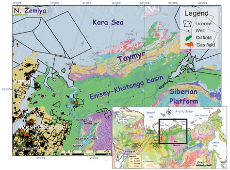 Geological map of the Taymyr area showing oil and gas fields, drilling ...