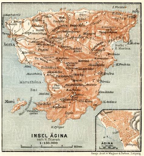 Old map of Aegina Isle and town of Aegina in 1908. Buy vintage map ...