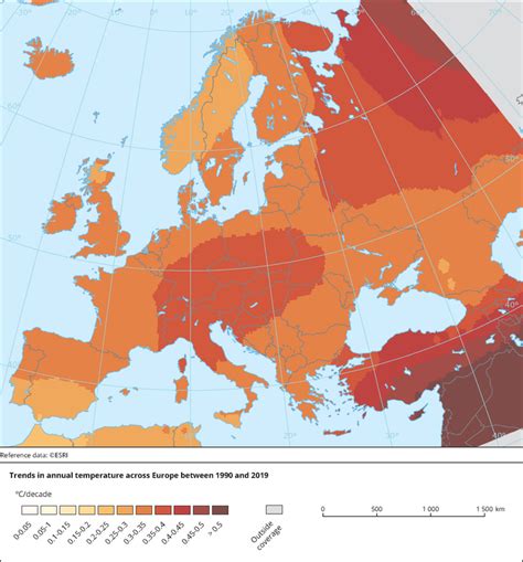 Trends in annual temperature across Europe between 1990 and 2019