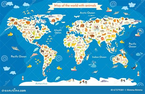 Map of the World with Animals. Beautiful Colorful Vector Illustration with the Inscription of ...