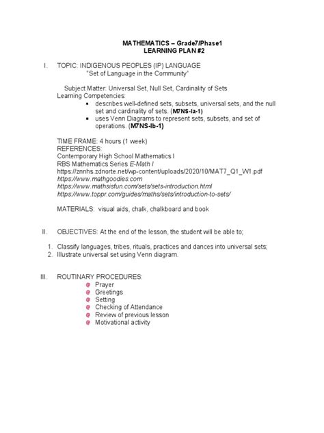 LP - MATH Gr7 Lesson2 Universal Set, Null Set, Cardinality of Set I | PDF | Empty Set | Mathematics