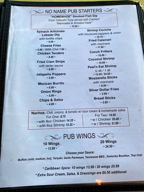 Menu at No Name Pub, Big Pine Key