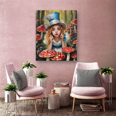 Alice in Wonderland Painting Mushroom Original Art Fly Agaric Art Fantasy Painting Alice Wall ...