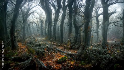 Realistic haunted forest spooky landscape at night. Fantasy Halloween forest background. 3D ...