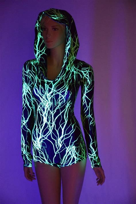 Neon UV Glow Green Lightning Print Long Sleeve Hoodie Romper