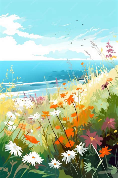 Premium AI Image | A painting of flowers on a beach