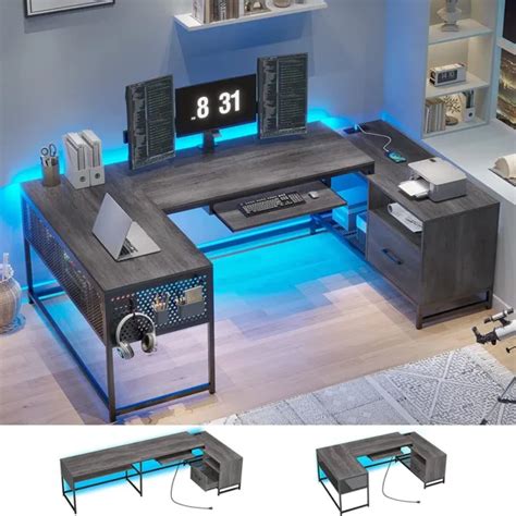 REVERSIBLE GAMING DESK w/File Drawer U Shaped LED Computer Desk Home Office Desk $239.98 - PicClick