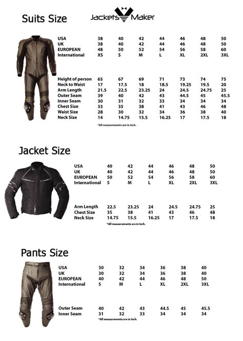 Jacket And Pants Size Chart - Size-Chart.net