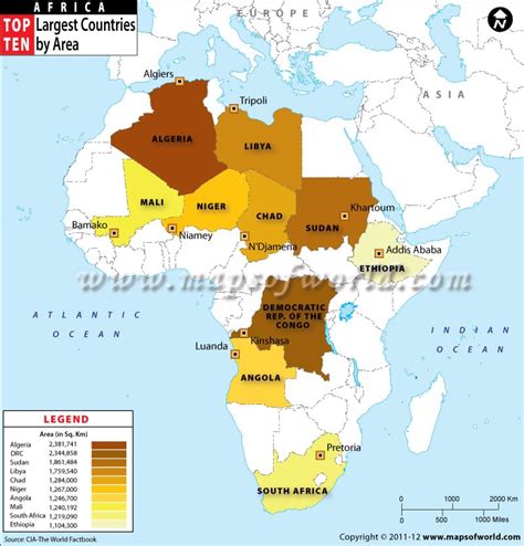 Map of Top Ten Largest African Countries by Area