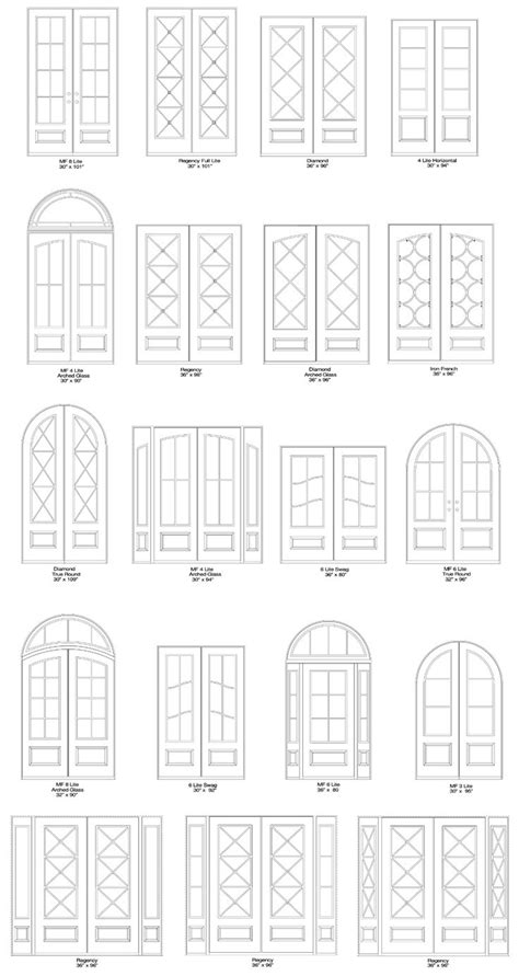 various types of doors and windows with measurements for each door, all in different sizes
