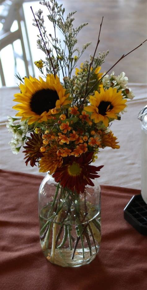 sunflower in mason jar centerpieces | autumn mason jar centerpiece with sunflowers repinned from ...